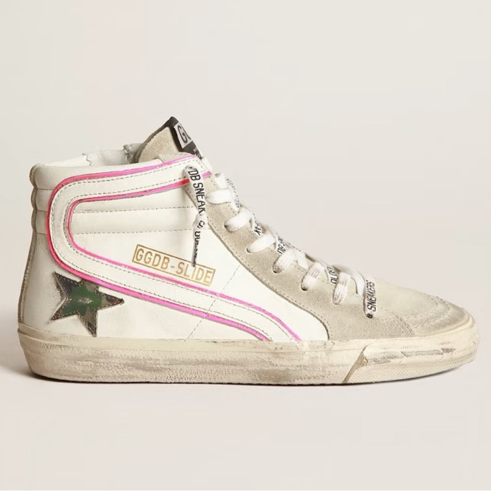 Golden Goose Sneakers with pink stripe and camo star. Used but barely worn